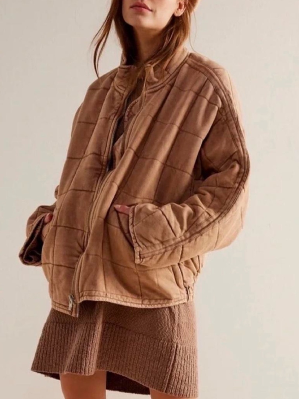Free People XL Dolman Quilted Jacket Brown Puffer Coat Zipper Zip Up Neutral tan